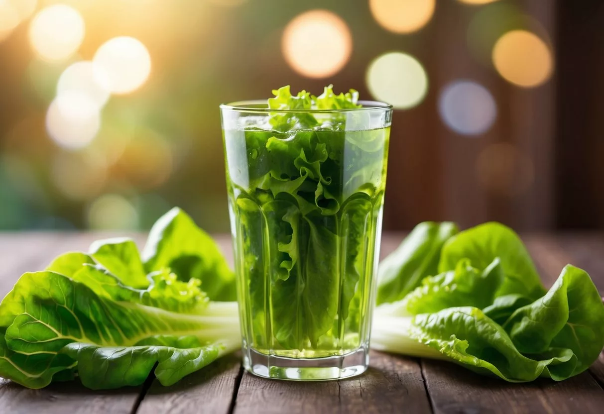 A glass of lettuce water surrounded by fresh lettuce leaves and a healthy, vibrant atmosphere, with a sense of rejuvenation and nourishment