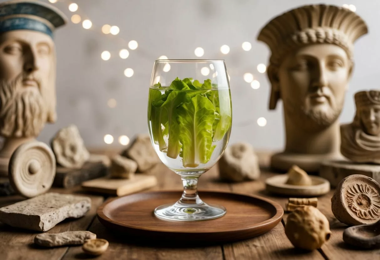 A glass of lettuce water sits on a wooden table surrounded by ancient Greek and Roman artifacts, symbolizing the historical and cultural context of the drink