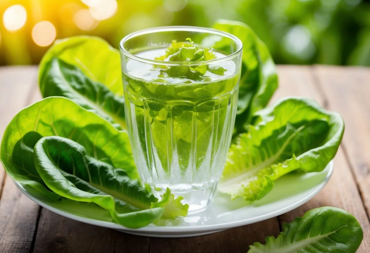 A glass of lettuce water surrounded by fresh lettuce leaves and a healthy, vibrant atmosphere