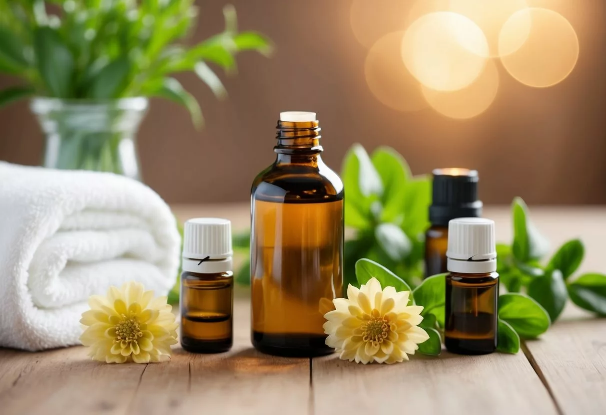 A serene spa setting with a bottle of geranium essential oil surrounded by other essential oil bottles and fresh greenery