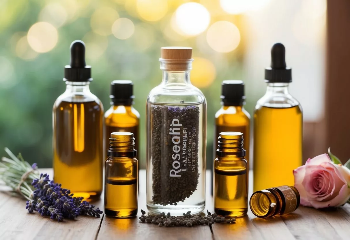 A clear glass bottle of rosehip seed oil surrounded by lavender, frankincense, lemon, and rose essential oil bottles on a wooden table