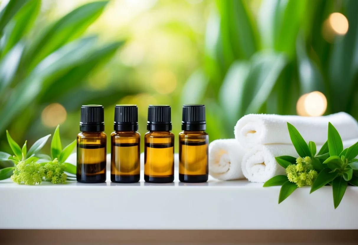 A serene spa-like setting with bottles of essential oils arranged on a shelf, surrounded by lush greenery and soft natural lighting