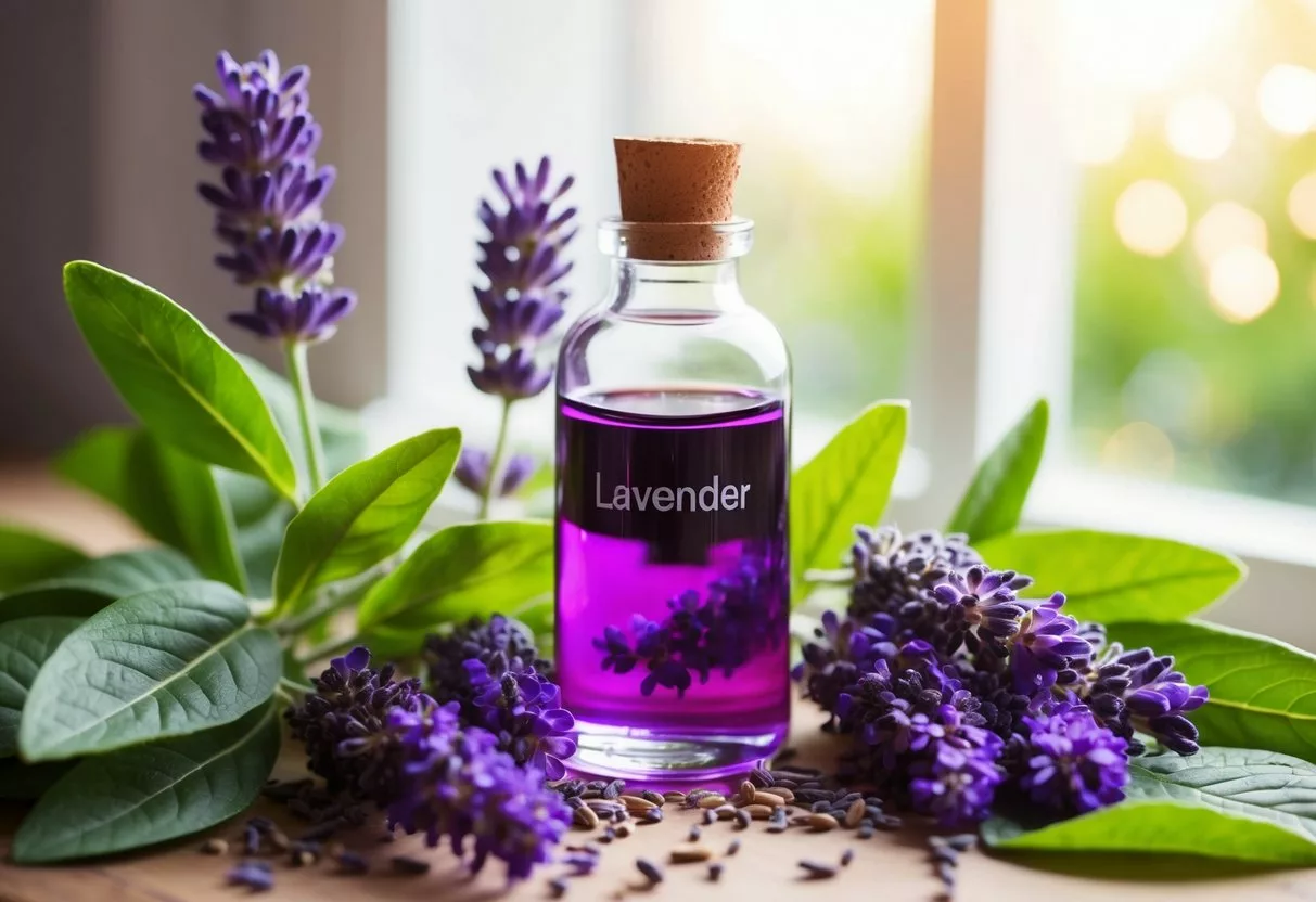 A glass bottle of lavender essential oil surrounded by fresh lavender flowers and green leaves, with soft sunlight streaming in from a nearby window