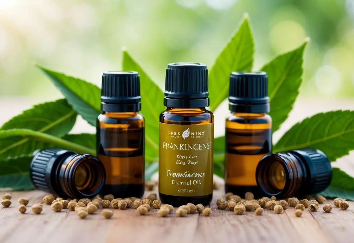 A small bottle of frankincense essential oil surrounded by four other essential oil bottles, with a background of fresh green leaves and a soft, natural light