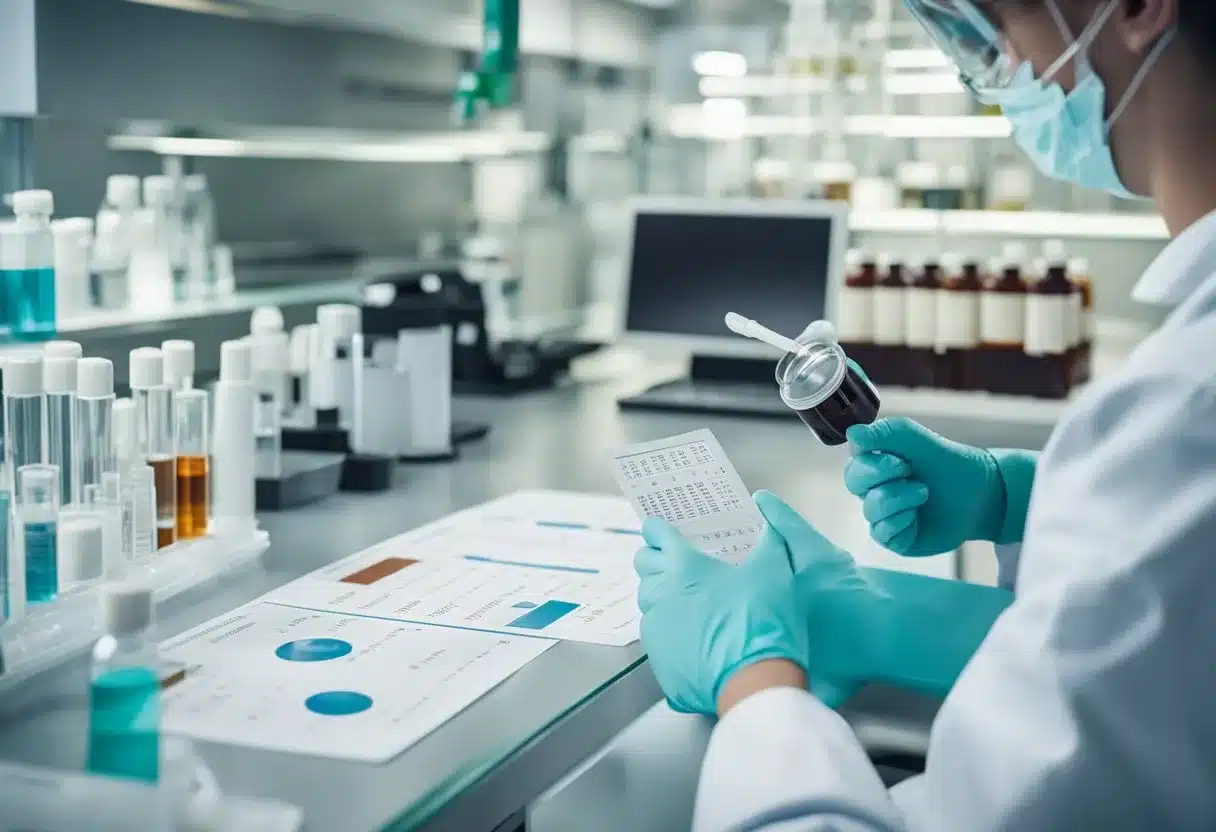 A laboratory technician analyzing a vial of blood, with a chart showing elevated liver enzyme levels in the background