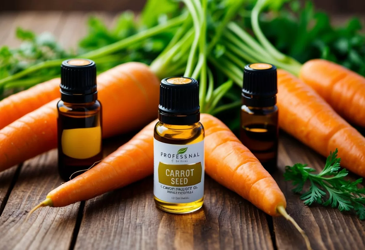 A small bottle of carrot seed oil surrounded by vibrant orange carrots, green carrot tops, and other essential oil bottles on a wooden table