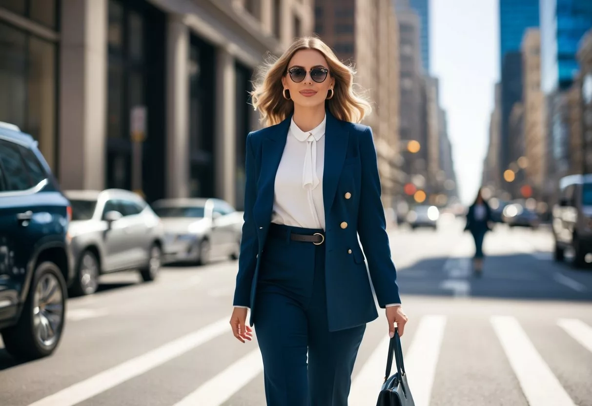 A woman confidently struts down a city street, exuding self-assurance and style. The sun shines as she walks with purpose and poise