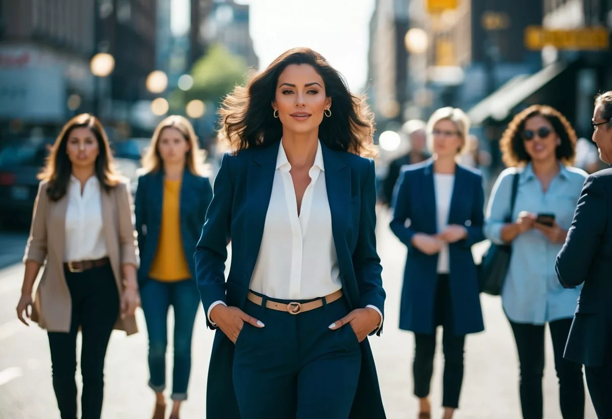 A confident woman walks down the street, turning heads and exuding self-assuredness. People around her glance and admire her presence