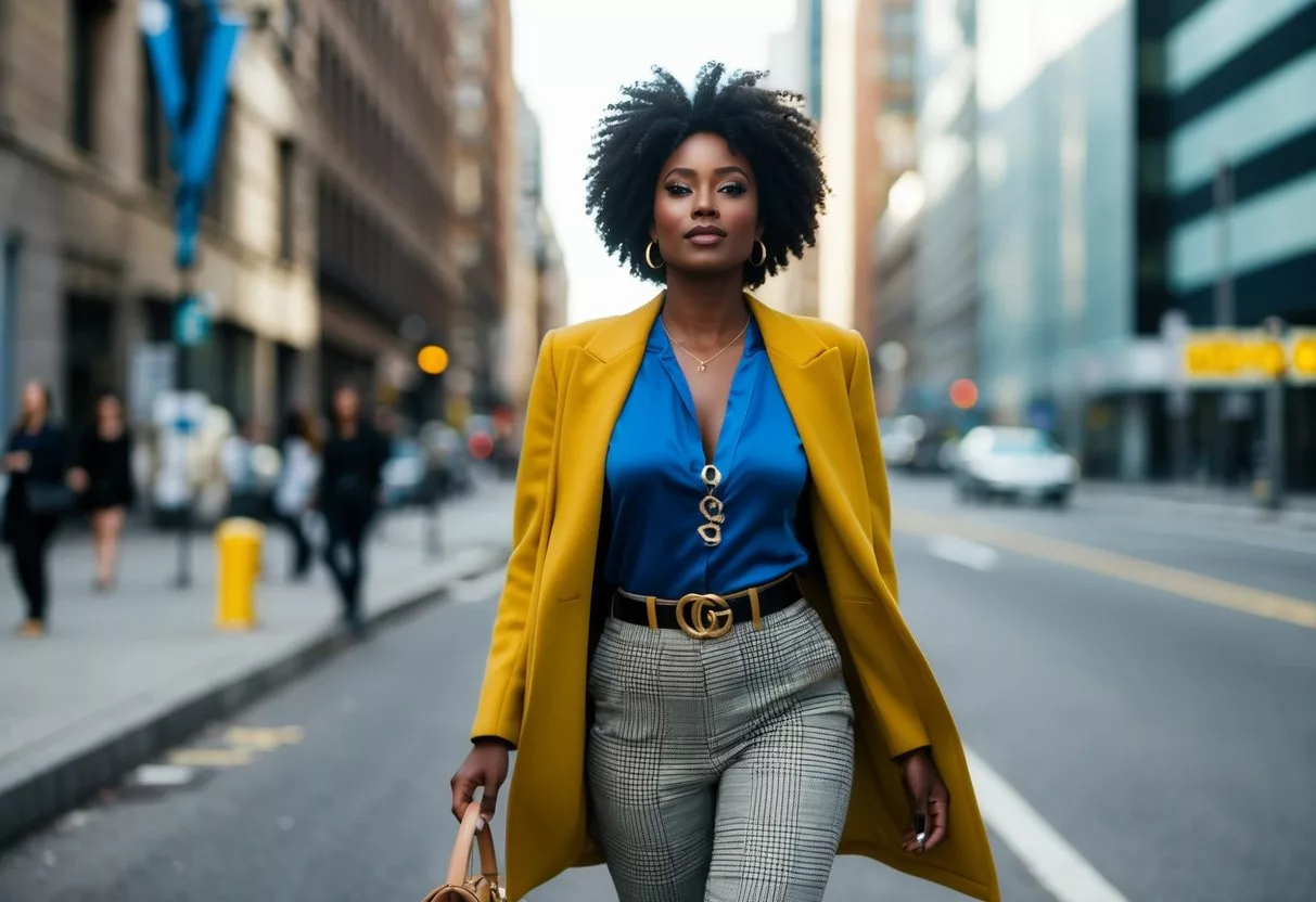 A confident woman struts down a city street, head held high, with a stylish outfit and accessories, exuding self-assurance and empowerment