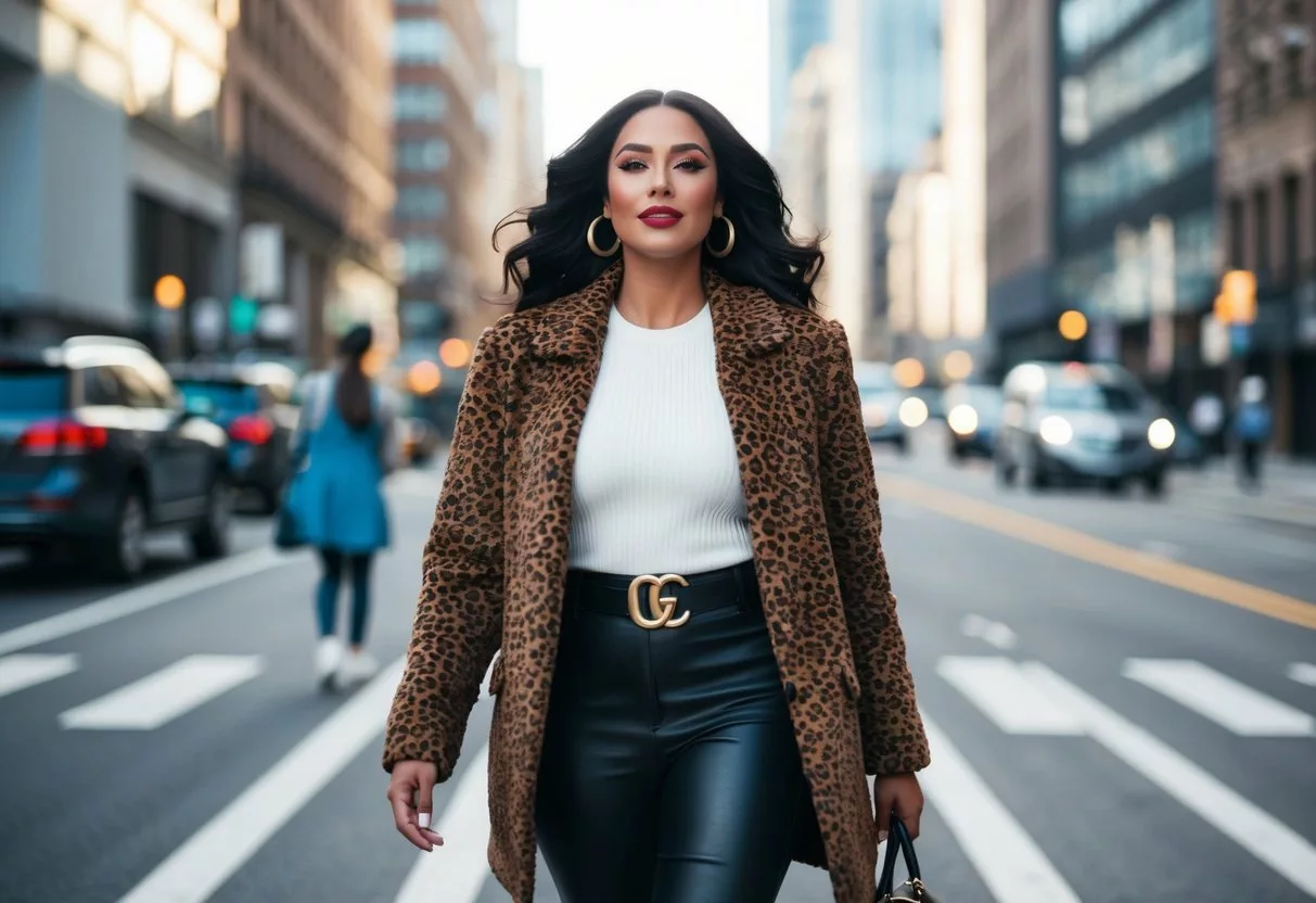 A confident woman struts down a city street, head held high, with a sassy attitude and stylish outfit