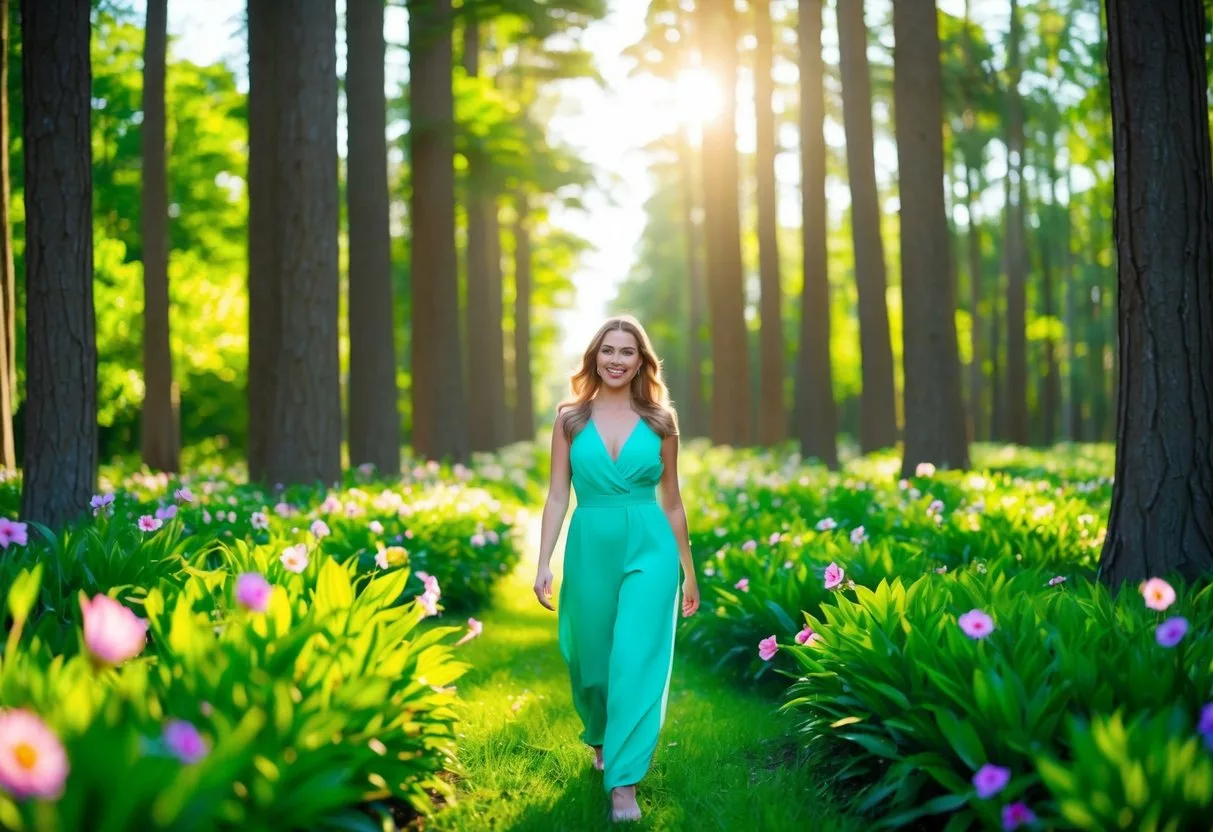 A woman walks through a lush, green forest, surrounded by vibrant flowers and tall, swaying trees. The sun shines down, casting a warm glow over the scene