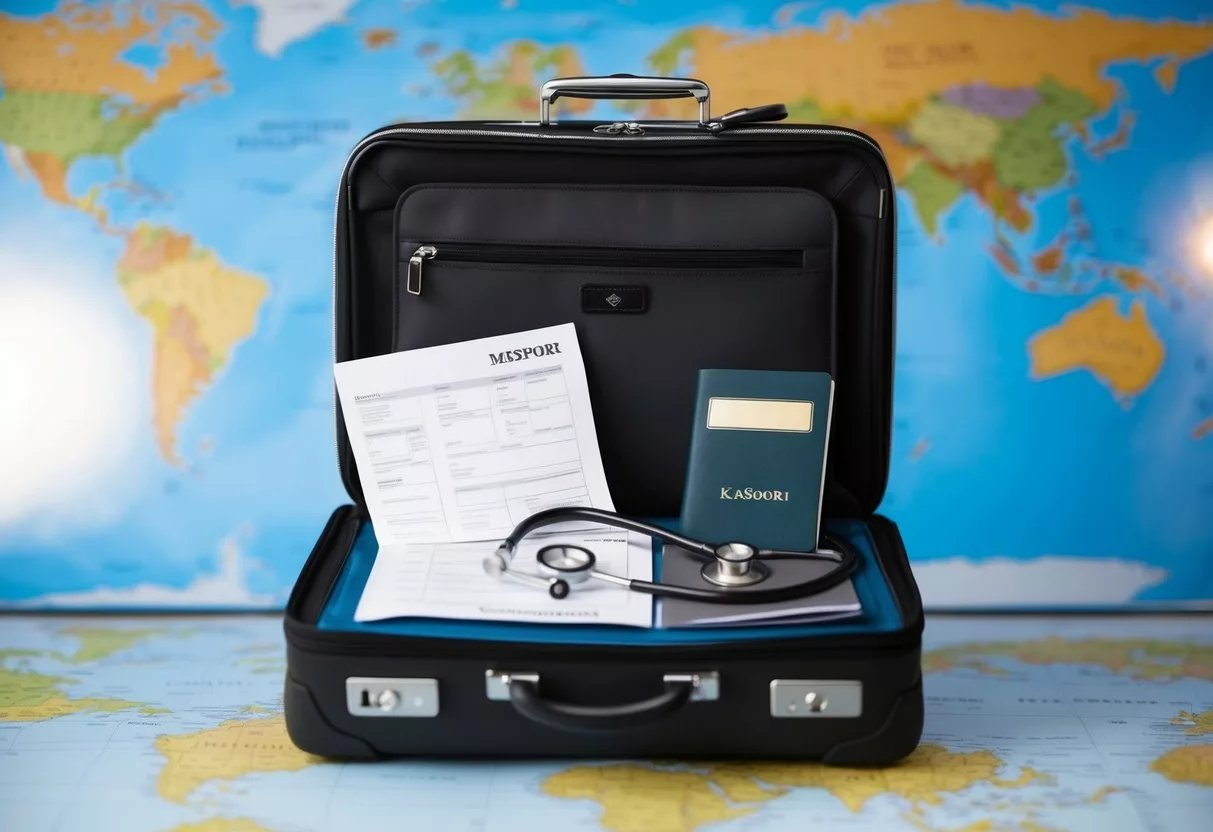 A suitcase with a stethoscope, passport, and financial documents on a world map