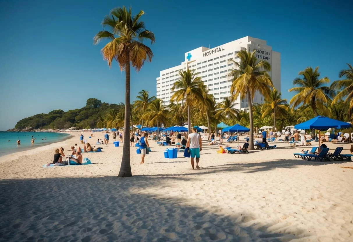 A sunny beach with a hospital in the background, surrounded by palm trees and tourists enjoying leisure activities