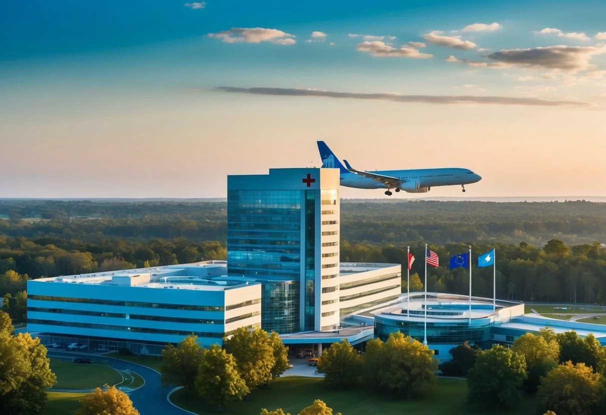 A scenic view of a modern hospital with international flags and a plane in the background, symbolizing the benefits of medical tourism