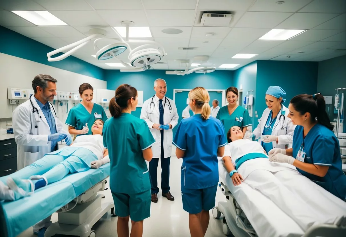 A group of tourists visiting a modern medical facility, surrounded by doctors and nurses, receiving various medical treatments and procedures