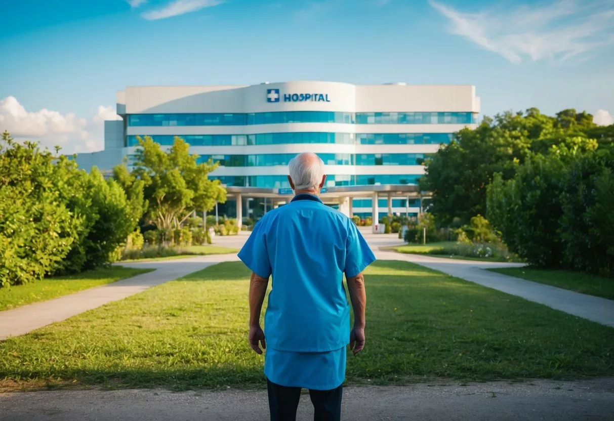 A patient stands in front of a modern hospital in a foreign country, surrounded by lush greenery and a clear blue sky