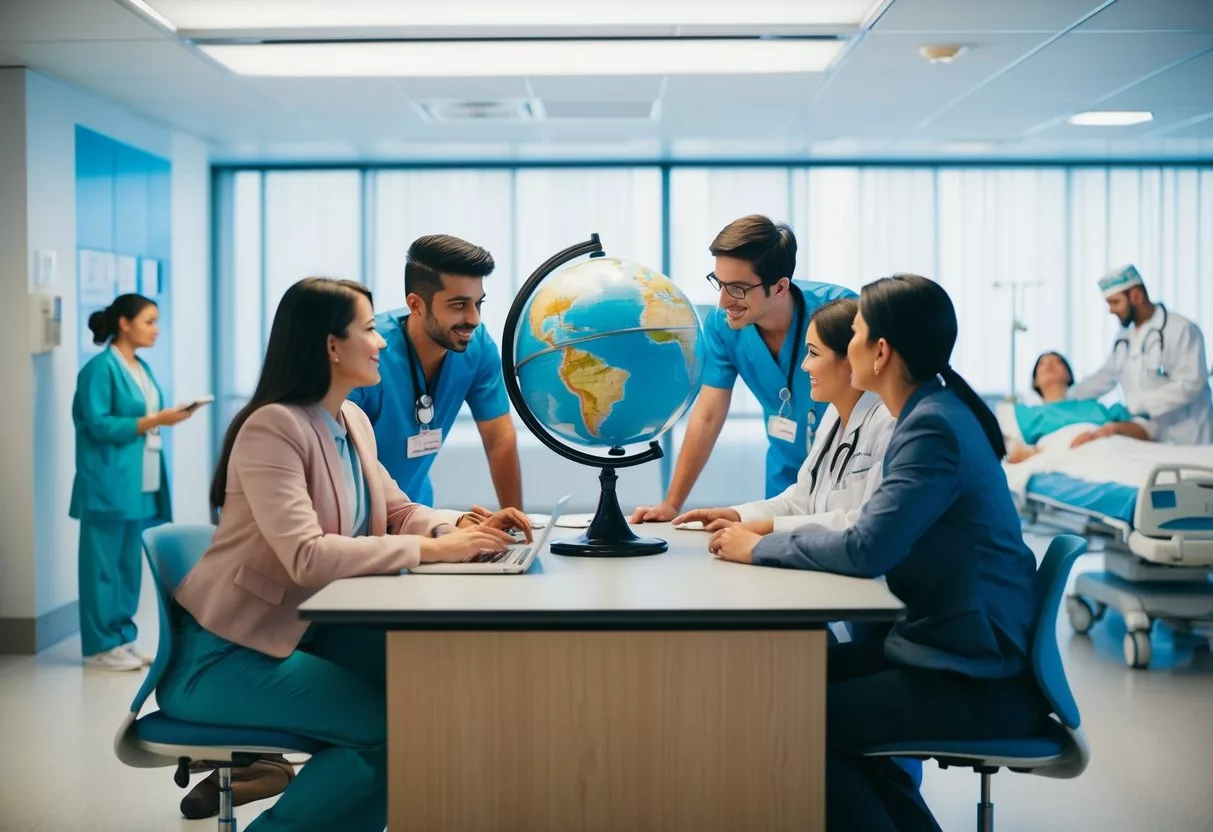 A group of people inquiring at a desk with a globe and medical symbols, while others are shown receiving medical care in a modern hospital setting