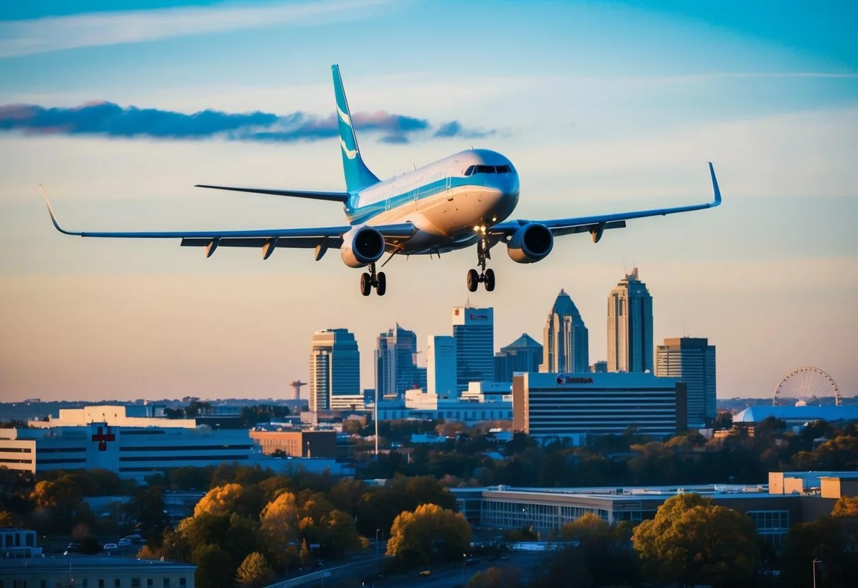 A plane flying over a city skyline with a hospital and tourist attractions in the background