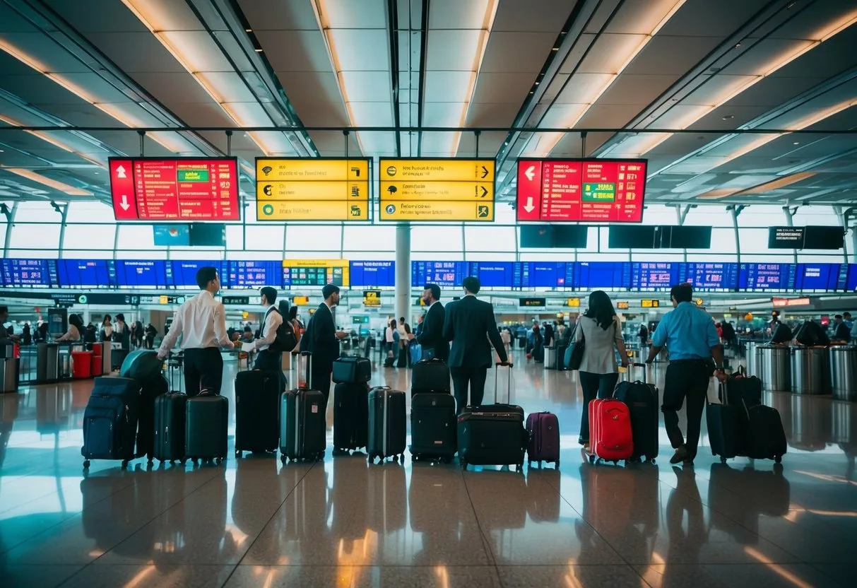 A bustling airport terminal with diverse travelers, luggage, and signs in multiple languages