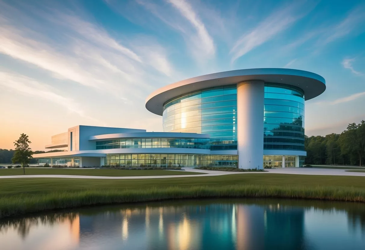 A futuristic medical facility with advanced technology and a serene, natural backdrop