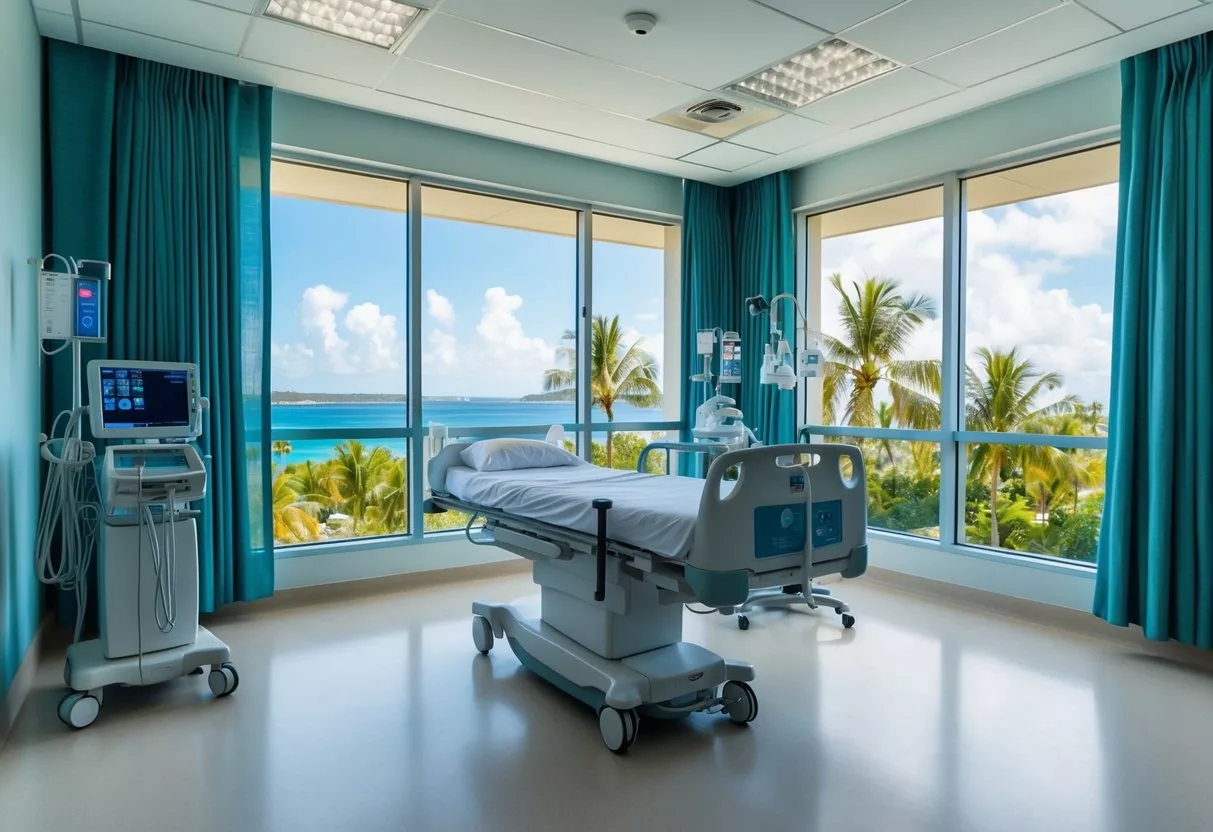 A serene hospital room with modern medical equipment and a view of a tropical destination through the window