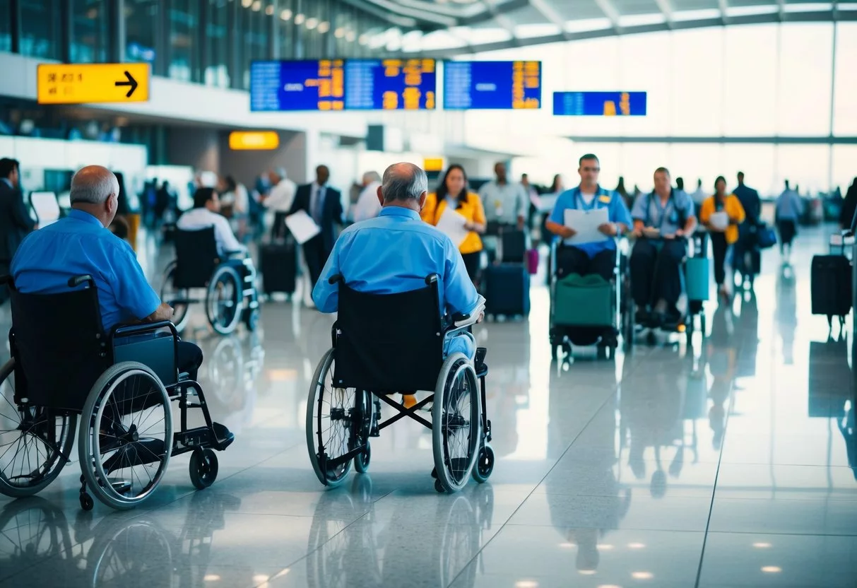 A bustling airport terminal with a diverse array of travelers, some in wheelchairs, others carrying medical documents, and signs in multiple languages