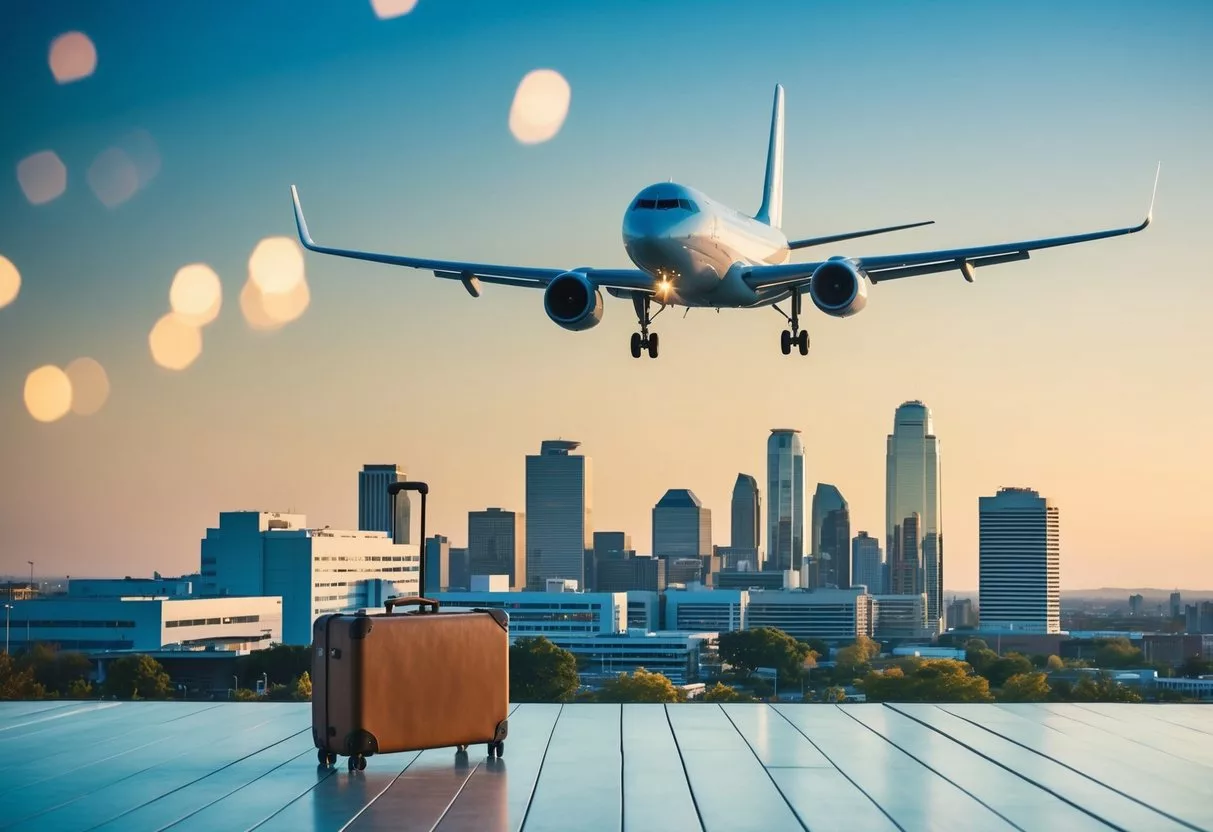 A plane flying over a city skyline, with a hospital and a suitcase in the foreground