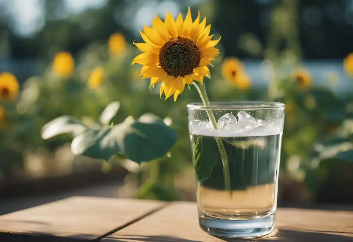 A glass of water with a small amount of salt at the bottom, surrounded by wilted plants and a drooping sunflower