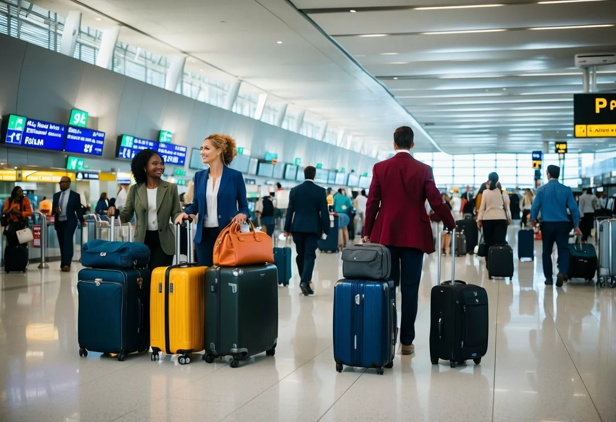 A bustling airport terminal with diverse travelers and luggage, with signs pointing to medical facilities and tourist attractions