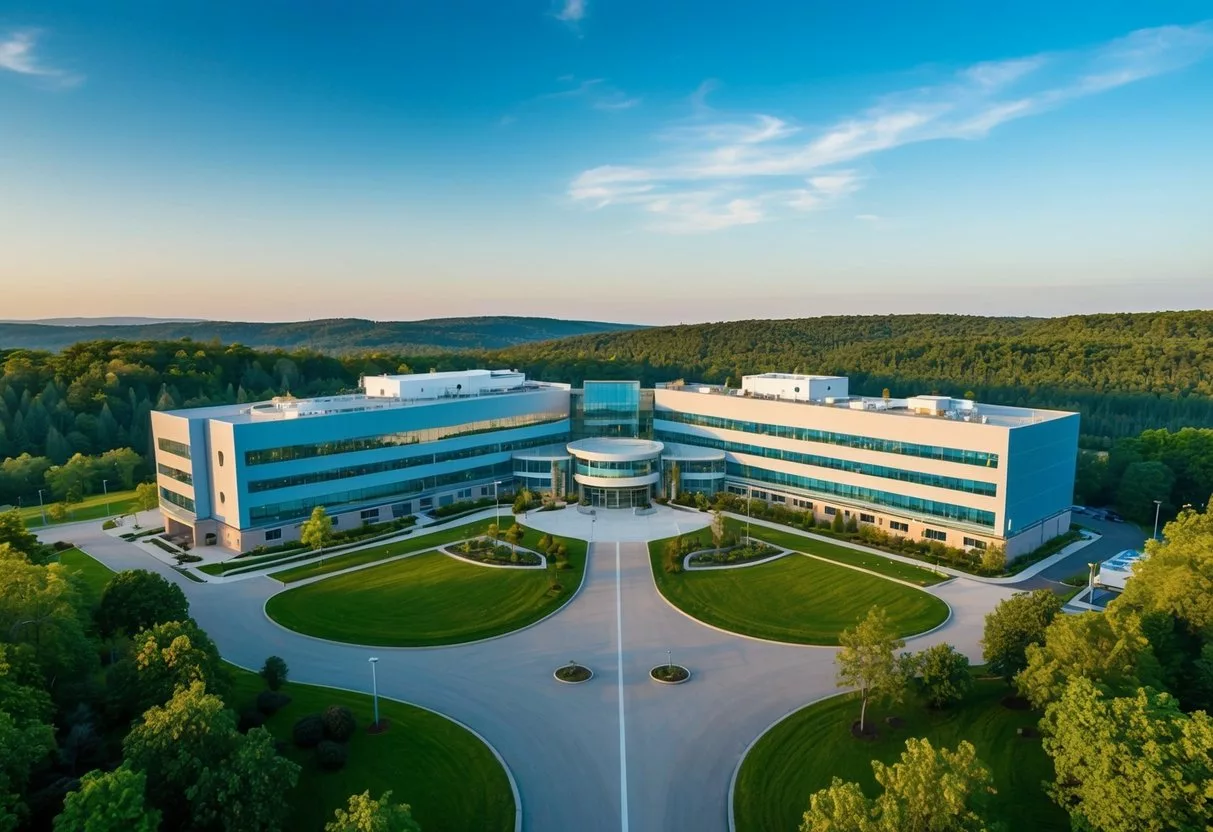 A scenic view of a modern medical facility in a picturesque foreign location, surrounded by lush greenery and with a clear blue sky overhead