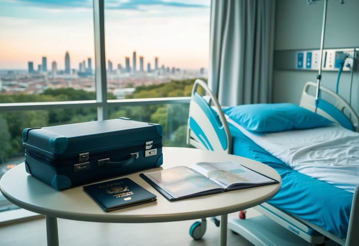 A passport, suitcase, and map lay on a table next to a recovery bed in a modern hospital room overlooking a foreign cityscape