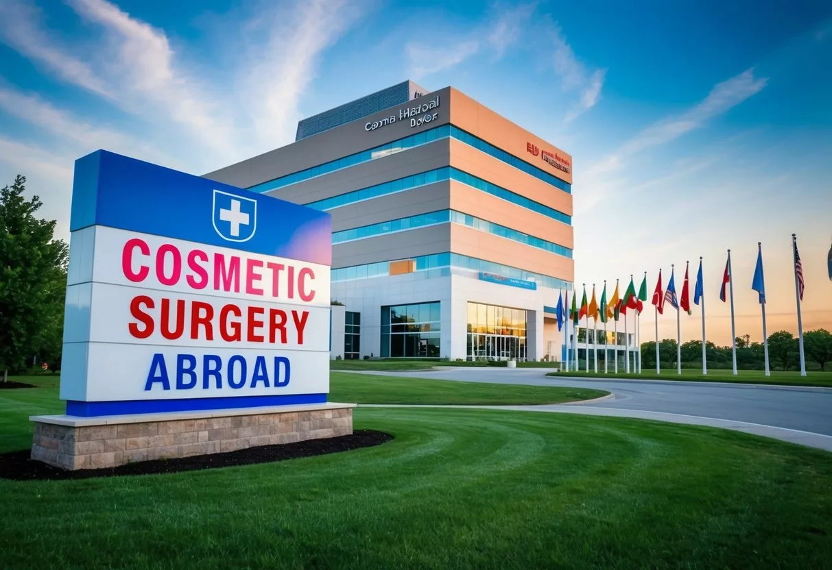 A scenic view of a modern hospital building with a prominent sign displaying "Cosmetic Surgery Abroad" and a row of international flags