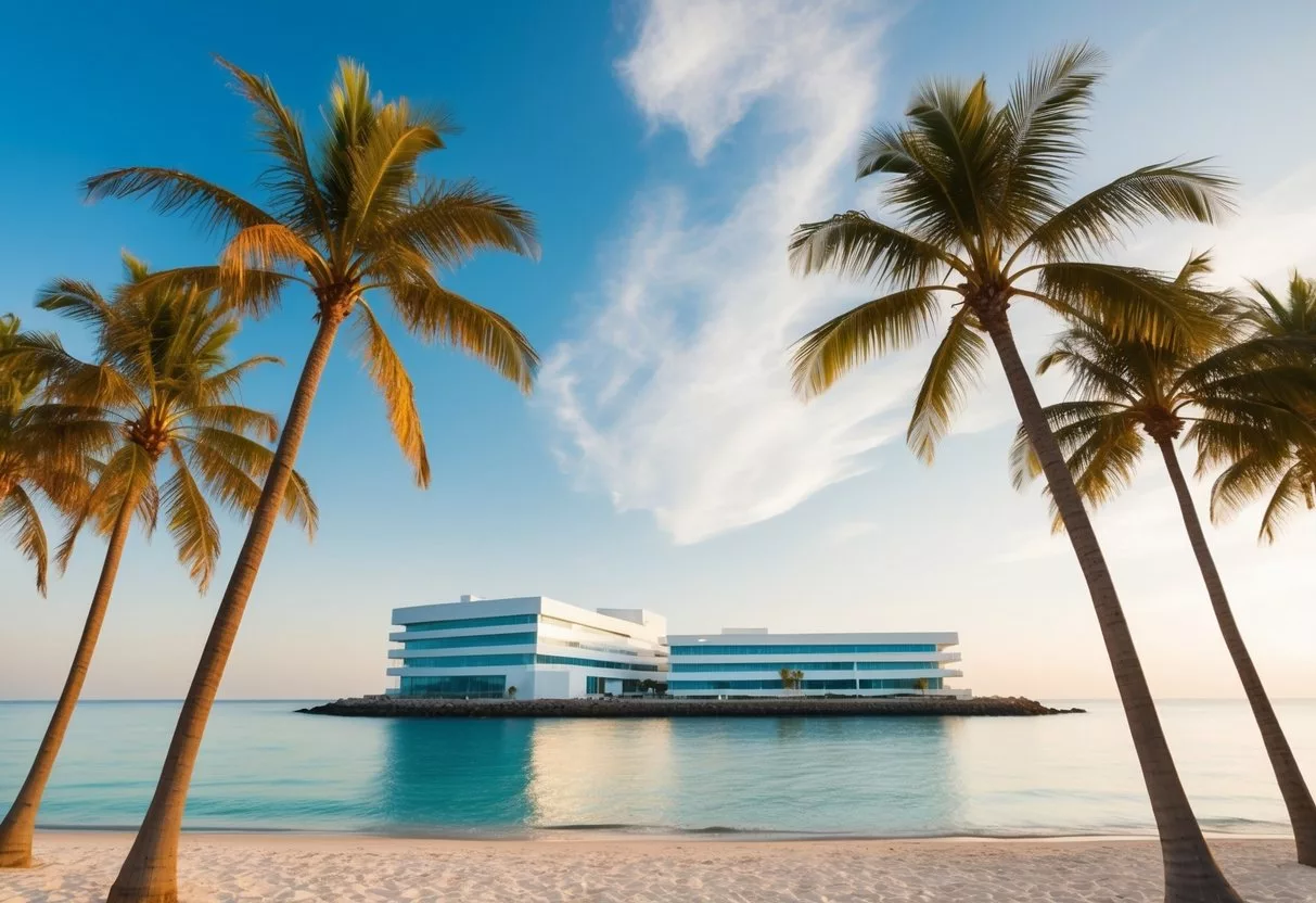 A serene beach with palm trees and a modern, clean medical facility in the background, symbolizing the appeal of cosmetic surgery abroad