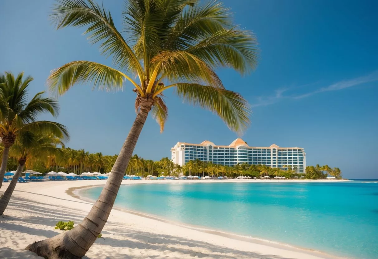 A serene beach with palm trees, clear blue water, and a luxurious resort in the background, suggesting a popular destination for cosmetic surgery abroad