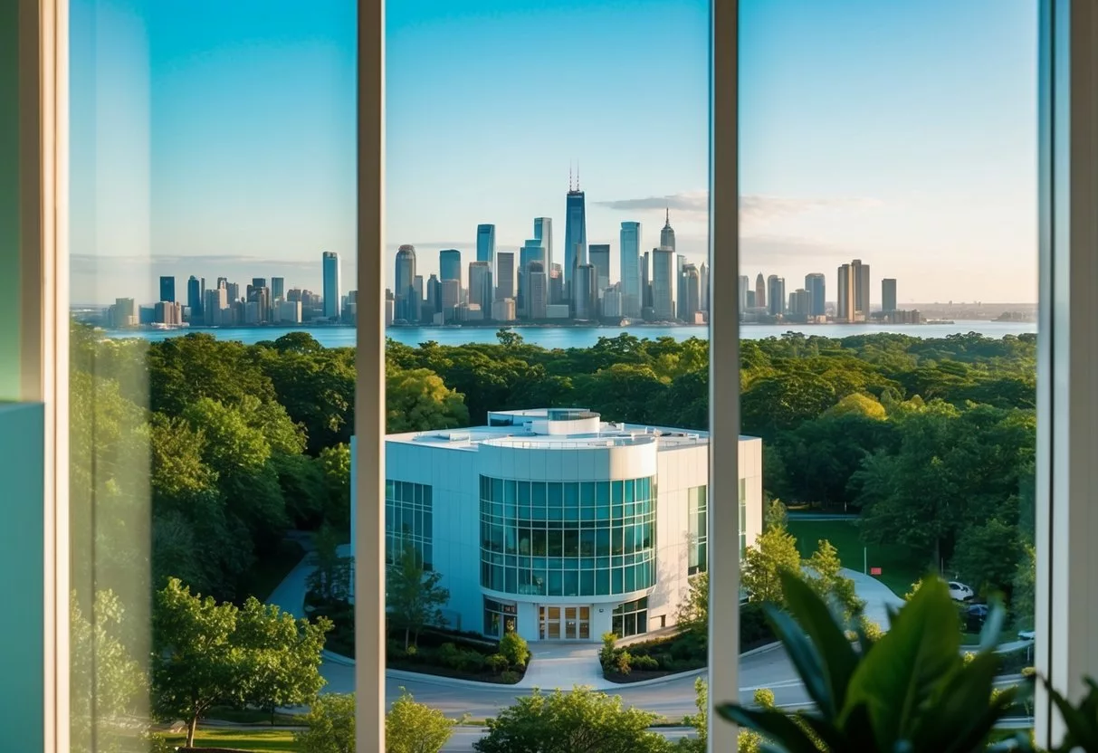 A serene, modern clinic with a scenic view of a bustling city skyline, surrounded by lush greenery and a tranquil atmosphere