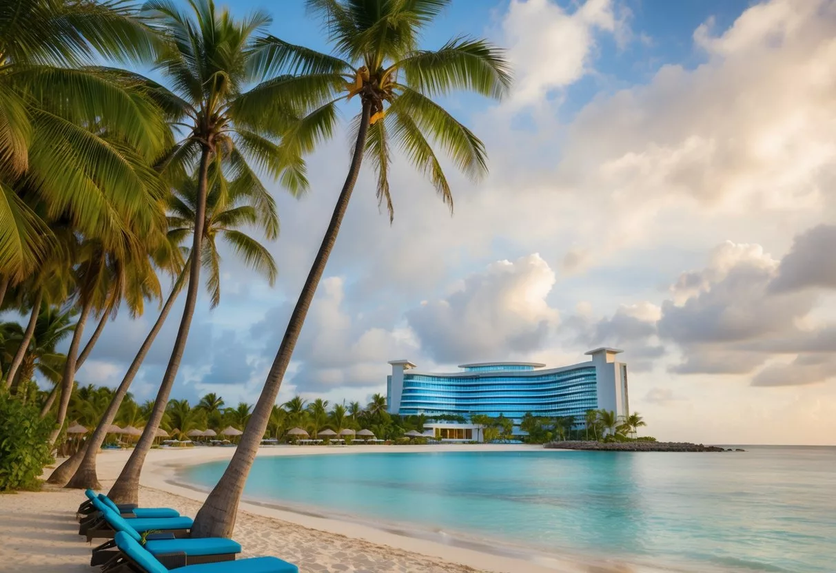 A serene beach with palm trees, a luxurious resort, and a modern medical facility set against a backdrop of a tropical paradise