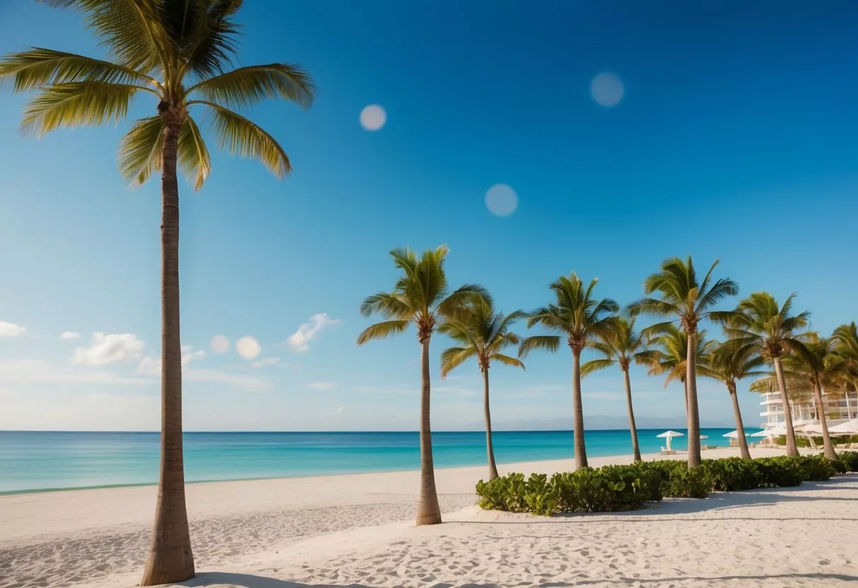 A serene beach with a clear blue sky, a row of palm trees, and a luxurious resort in the background