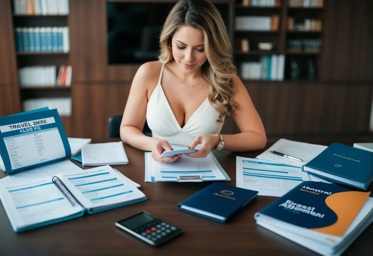 A woman researching breast augmentation abroad, surrounded by travel guides and financial documents