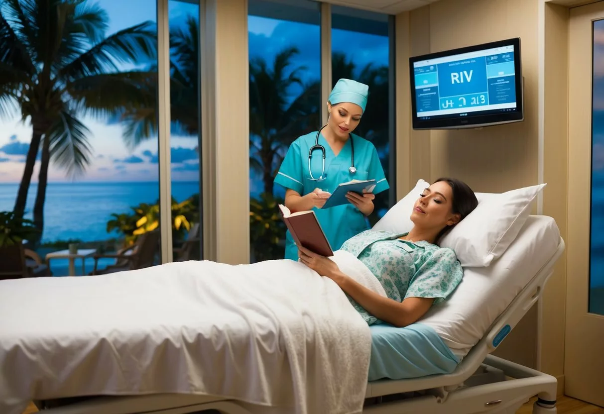 A woman reclines in a luxurious recovery suite, surrounded by tropical scenery and soothing music. A nurse checks her vitals while she relaxes with a book