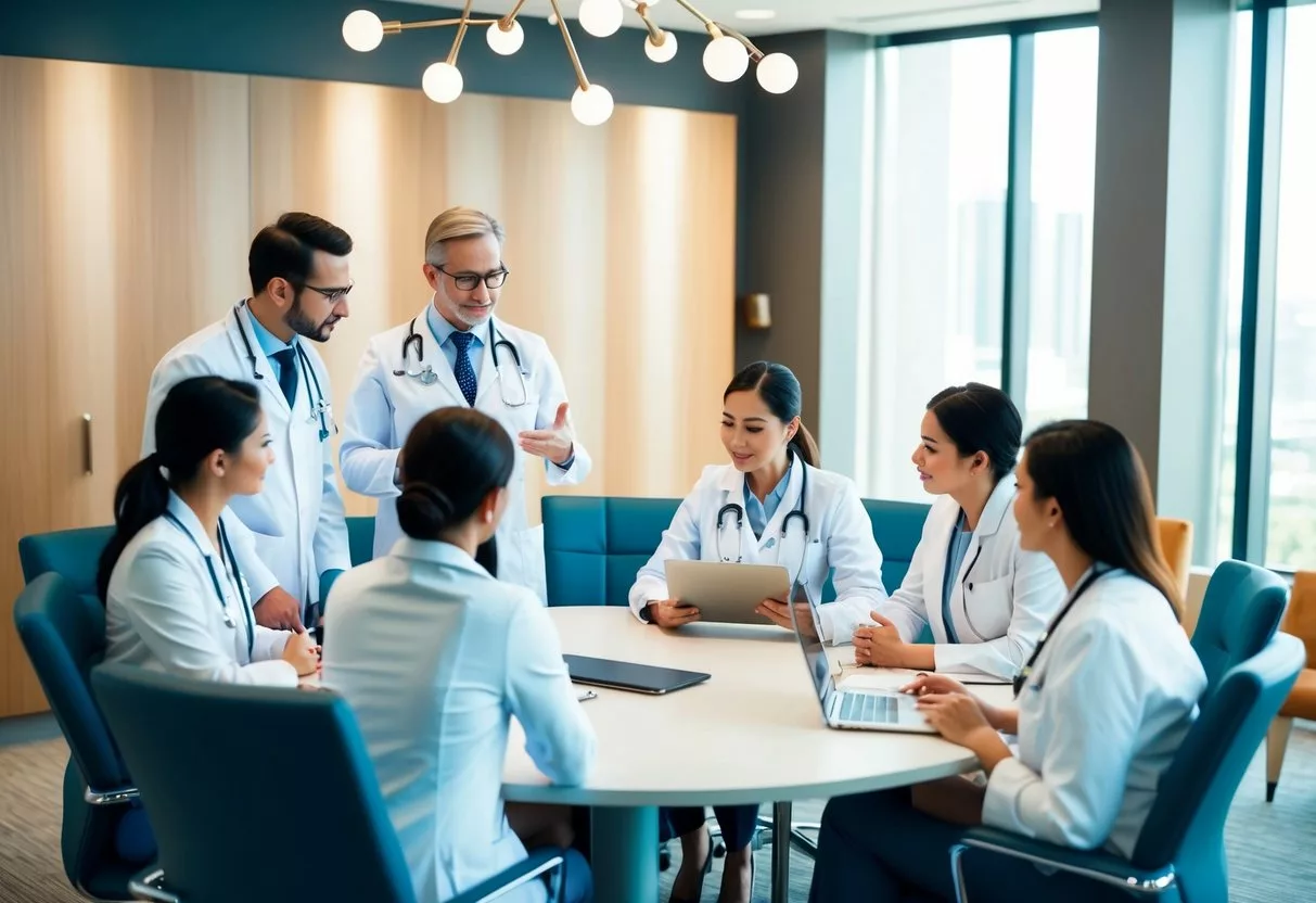 A group of healthcare professionals discussing breast augmentation tourism in a modern clinic conference room