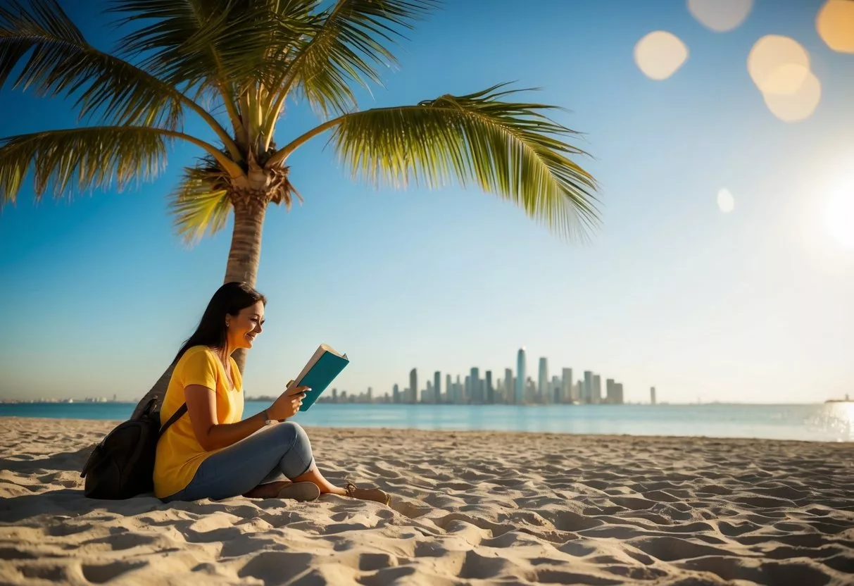 A sunny beach with a woman reading a guidebook under a palm tree, with a view of a distant city skyline