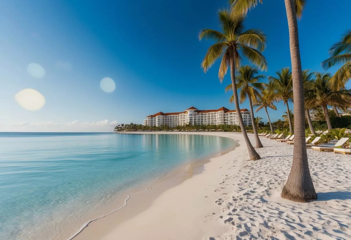 A serene beach setting with a clear blue sky, palm trees, and a luxurious resort in the background