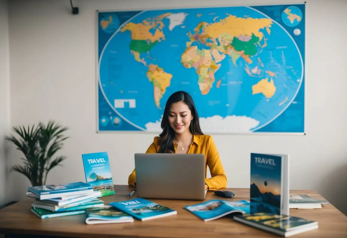 A woman researching online, surrounded by travel brochures and a laptop, with a world map on the wall