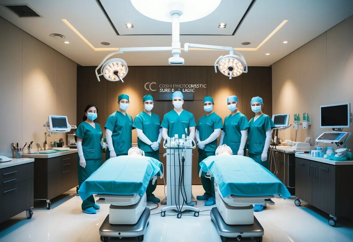 A modern, sleek cosmetic surgery clinic located overseas, with state-of-the-art equipment and a team of skilled surgeons and staff