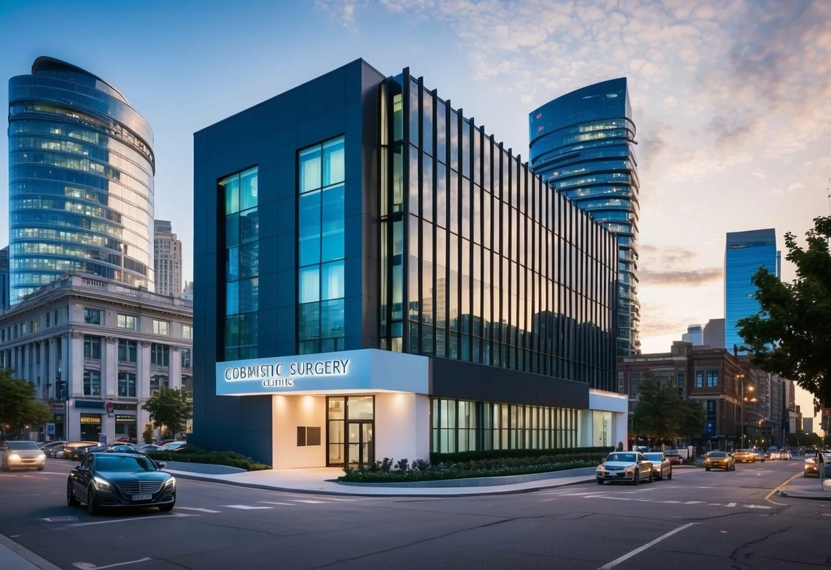 A modern, sleek cosmetic surgery clinic nestled in a bustling cityscape, with a welcoming entrance and state-of-the-art facilities