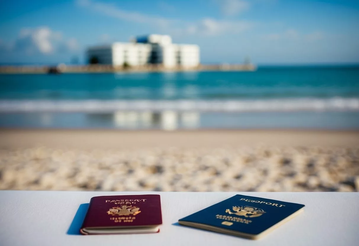 A serene beach with a distant medical facility and a passport in the foreground