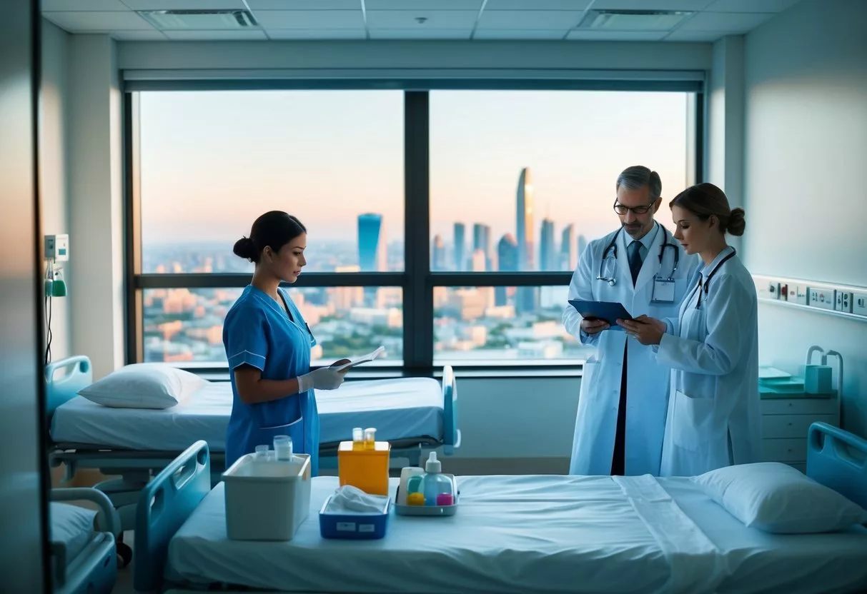 A serene, modern hospital room with a view of a foreign city skyline. A nurse prepares medical supplies while a doctor reviews paperwork