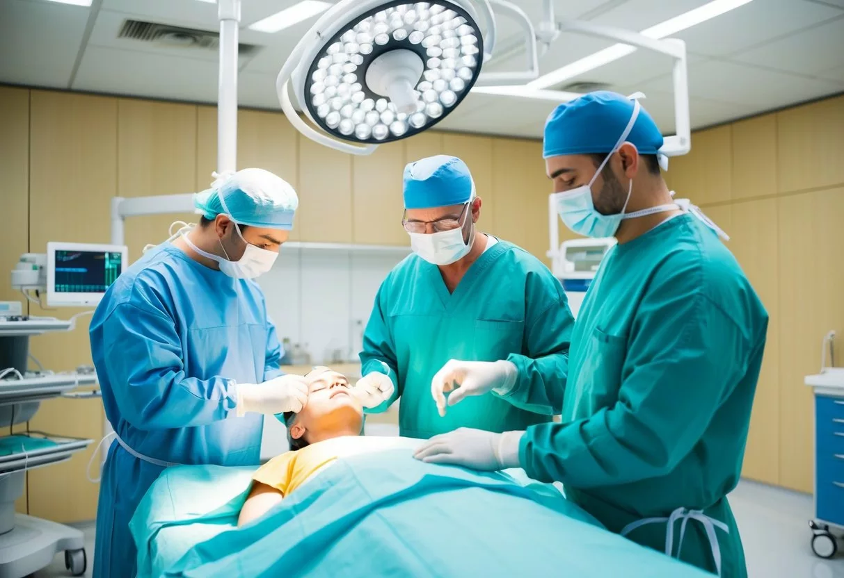 A modern, clean and well-equipped surgical facility in a foreign country with a professional plastic surgeon consulting with a patient