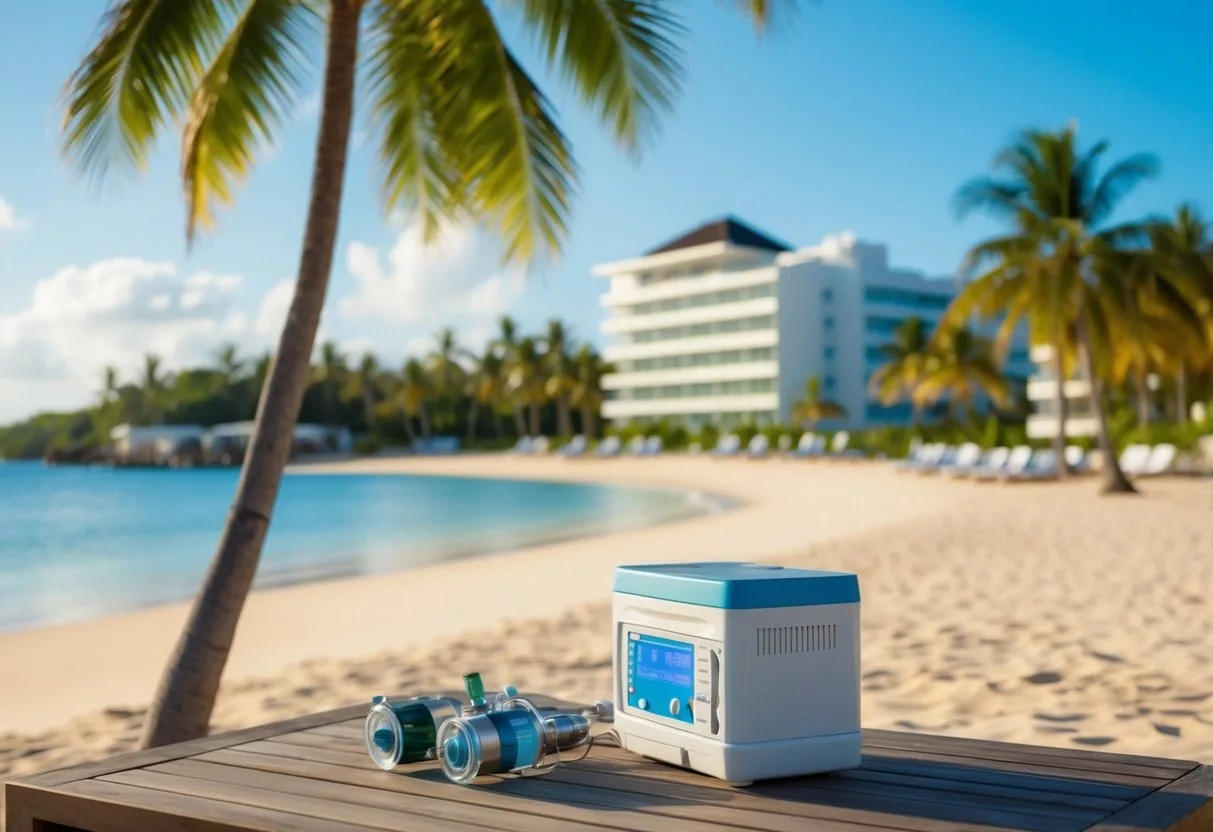 A sunny beach with a tropical resort in the background, featuring a serene atmosphere and a medical facility with modern equipment