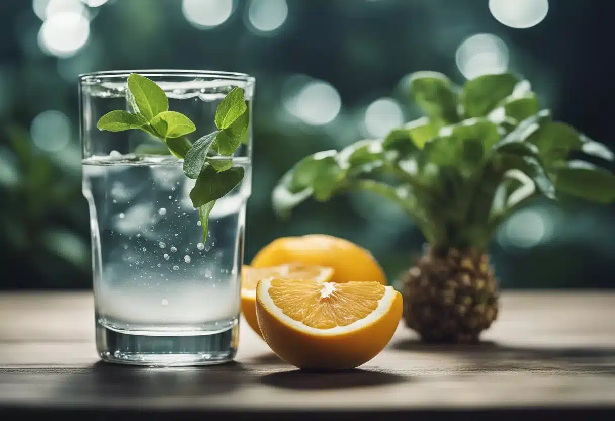 A glass of water with a small amount of salt dissolving at the bottom, surrounded by wilting plants and shriveled fruits